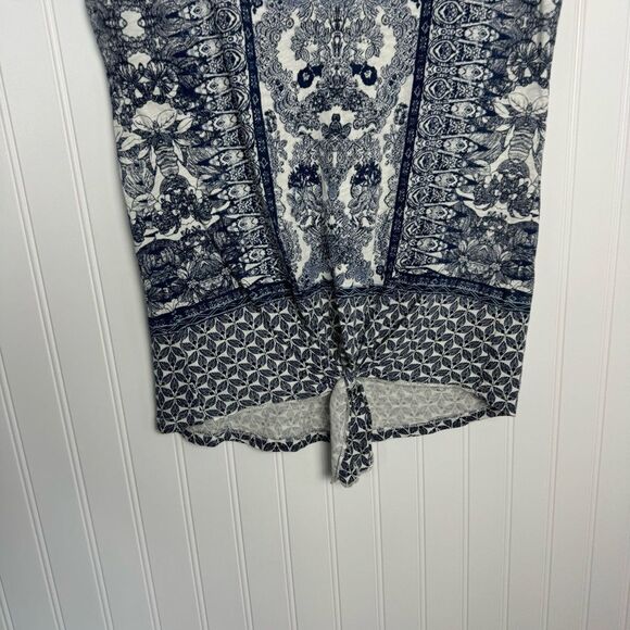 Lucky Brand Top XS Blue White Floral Boho Peasant Summer Knot Front - Picture 2 of 7